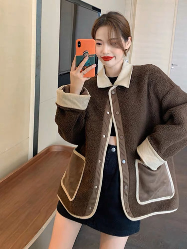Women's Fashionable Matchable Thick Collar Contrast Color Splicing Outerwear for Autumn and Winter