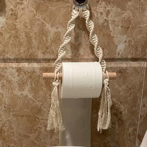 Nordic Style Wall-mounted Wooden Rod Cotton Rope Paper Towel Holder and Towel Rack Shelf for Bedroom Living Room Hand-woven Homestay Decor Tapestry