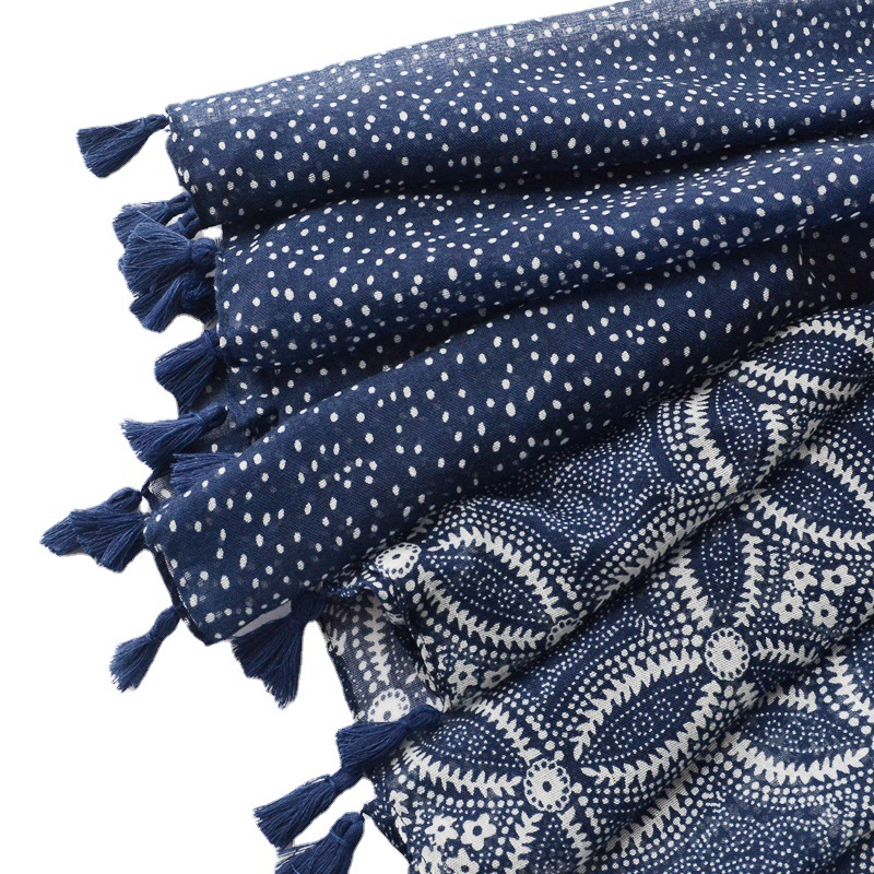 Nuevo estilo étnico retro coincidencia de colores bufanda geométrica Comercio exterior azul marino Impresión digital algodón y lino bufanda playa toalla pañuelo