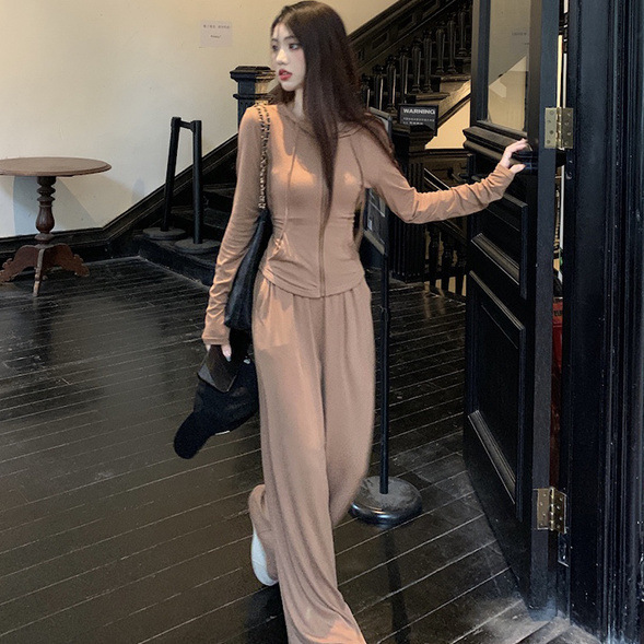 纯欲风春秋新款修身显瘦连帽开衫长袖上衣外套阔腿长裤时尚两件套|undefined