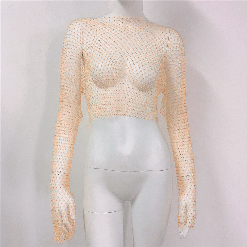 De Europa y América transfronteriza de las mujeres calientes de malla de diamantes de imitación red de pesca de manga larga Sexy Slim rhinestone Top party chica caliente de manga larga