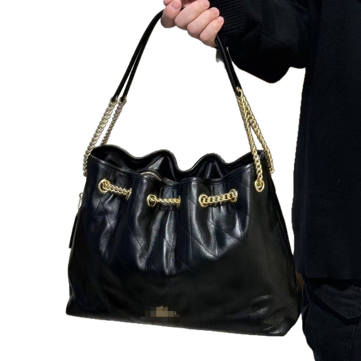 Evelyn Trash Bag Underarm Bag, Faye Drawstring Bucket Bag, Quilted Hobo Chain Shoulder Handbag Tote For Women - Thumbnail 5
