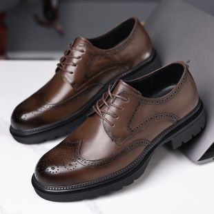 2025 Autumn New Genuine Leather Men's Shoes Brogue Formal Leather Shoes Brown British Style Increased Business Leather Shoes for Men