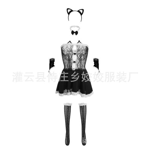 Sexy lingerie, sexy see-through maid uniform set, cat girl off-shoulder dress, tempting pure lust lace nightgown