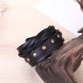 新款韩版流行时尚手链名星街拍简约两圈缠绕牛皮手链饰品配件男