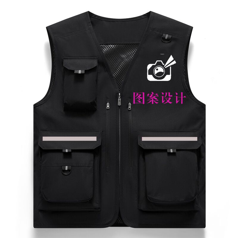Workwear Outdoor Large Size Double-Layer Photography Multi-Pocket Vest Group Work Uniform Vest with Printed L Pattern and Text Workwear Outdoor Large Size Double-Layer Photography Multi-Pocket Vest Group Work Uniform Vest with Printed L Pattern and Text
