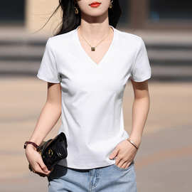 夏季新款液氨丝光棉短袖女V领纯色简约凉感T恤衫宽松显瘦白色半袖