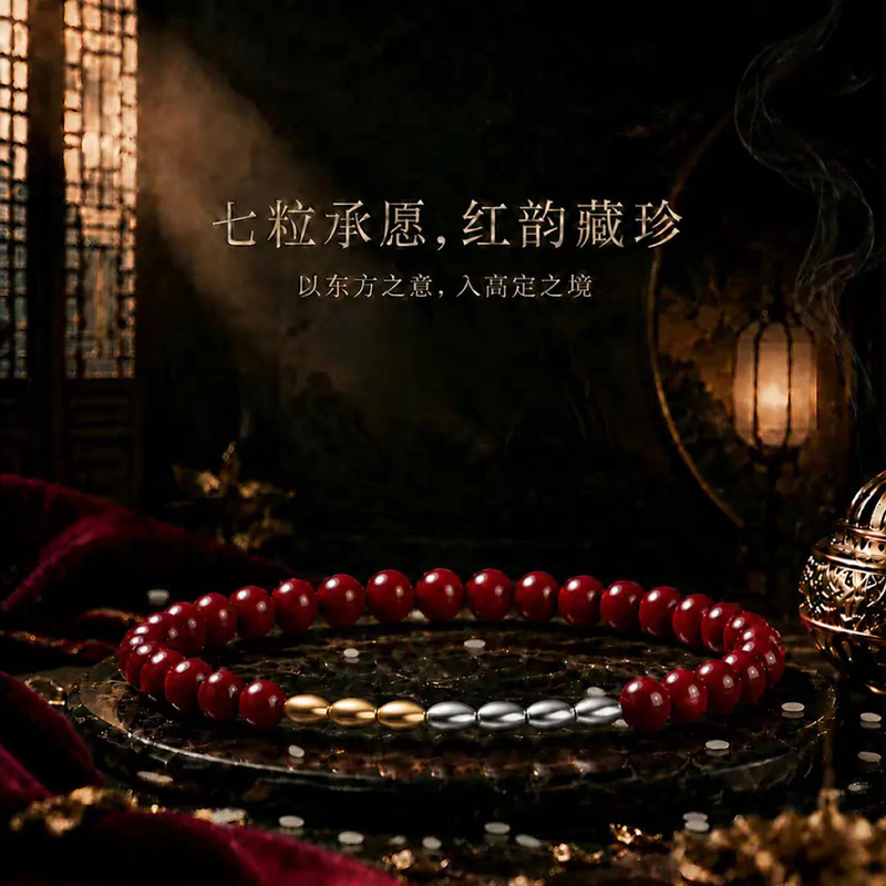 S925 pure silver seven-bead cinnabar bracelet, blessing red string hand accessory, traditional Chinese handmade beaded woven niche jewelry