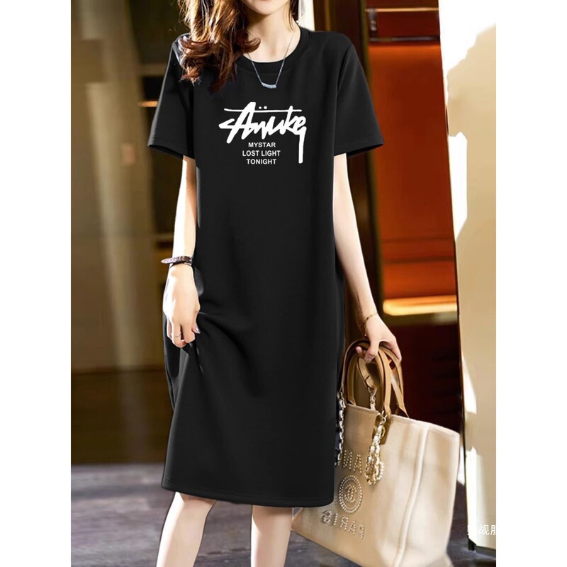2026 Versatile Short-Sleeved Long Dress, Loose Casual Over-The-Knee T-Shirt Dress, Simple Mid-Length Dress for Women, Slimming Look, Summer