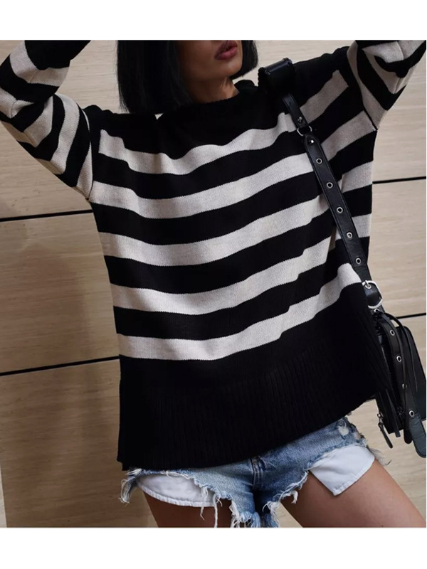 Damen-Strickpullover mit Streifen, Rundhalsausschnitt, langen Ärmeln, lässigem Rippstricksaum und Seitenschlitzen_voghion.com