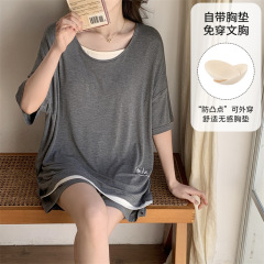 胸パッド付き新型モーデール涼感パジャマ女性夏半袖半ズボン韓国風ストライプゆるい夏ホームウェア