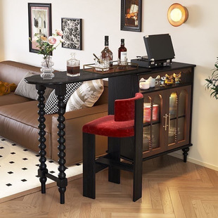 French-Style Retro Solid Wood Extendable Bar Table for Home Use, Suitable for Small Spaces, Integrated Partition for Living Room, Side Cabinet for Balcony Storage and Dining Area