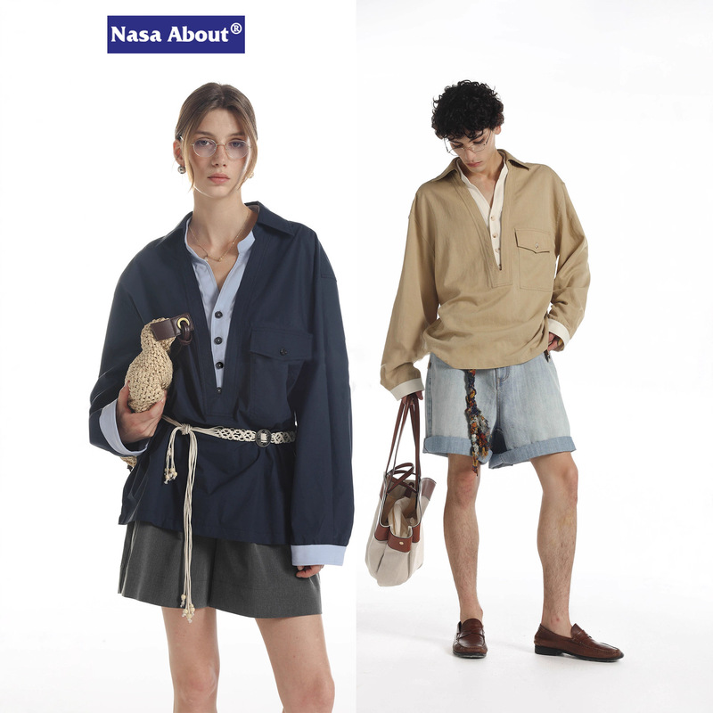 Nasa Old Money Style Youth Trendy Fake Two-Piece Solid Color Patchwork High-Quality Color-Blocking Loose Casual Long-Sleeve Shirt