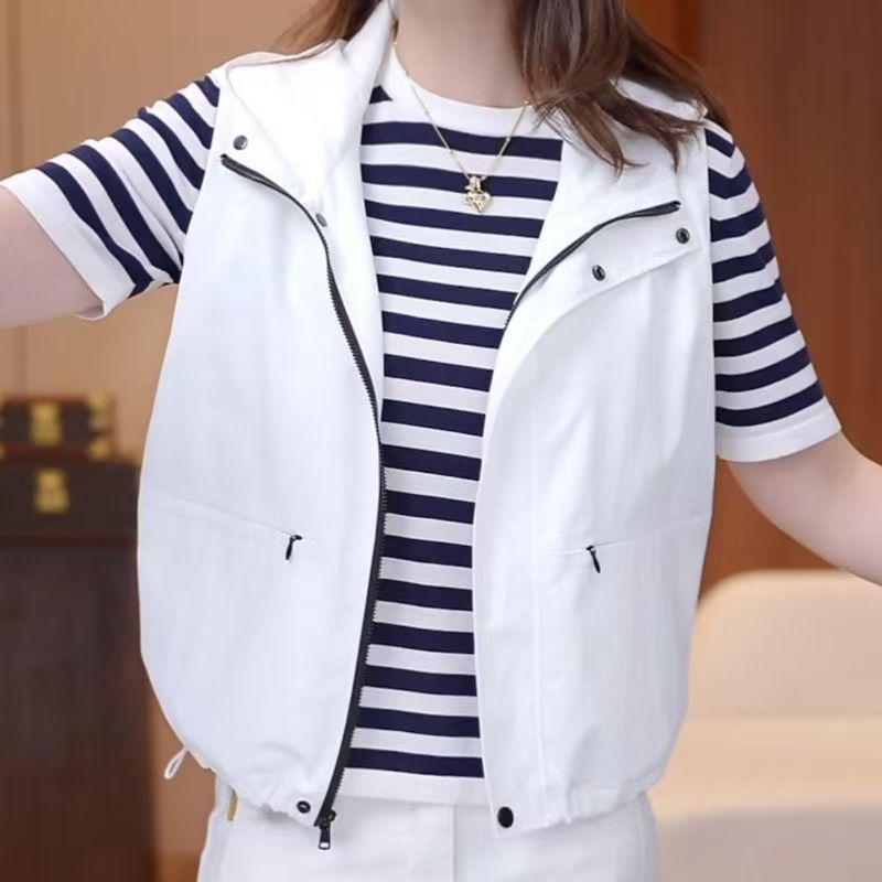 European Station 2025 Spring/Summer New Women's European Style Vest Hooded Solid Color Fashion Vest Versatile Slimming