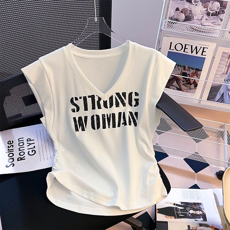Camiseta de manga voladora pequeña con estampado de letras para mujer de talla grande para mujer verano 2024 nuevas mujeres sueltas y delgadas con cuello en V para mujer