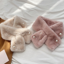 跨境加厚纯色毛毛围脖珍珠鱼尾保暖仿獭兔毛交叉围巾毛绒领女网红