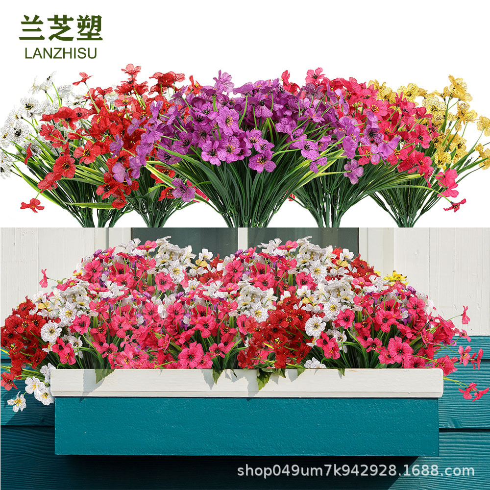 亚马逊5头春草紫罗兰仿真花水草丝印布假花绢花户外家居装饰