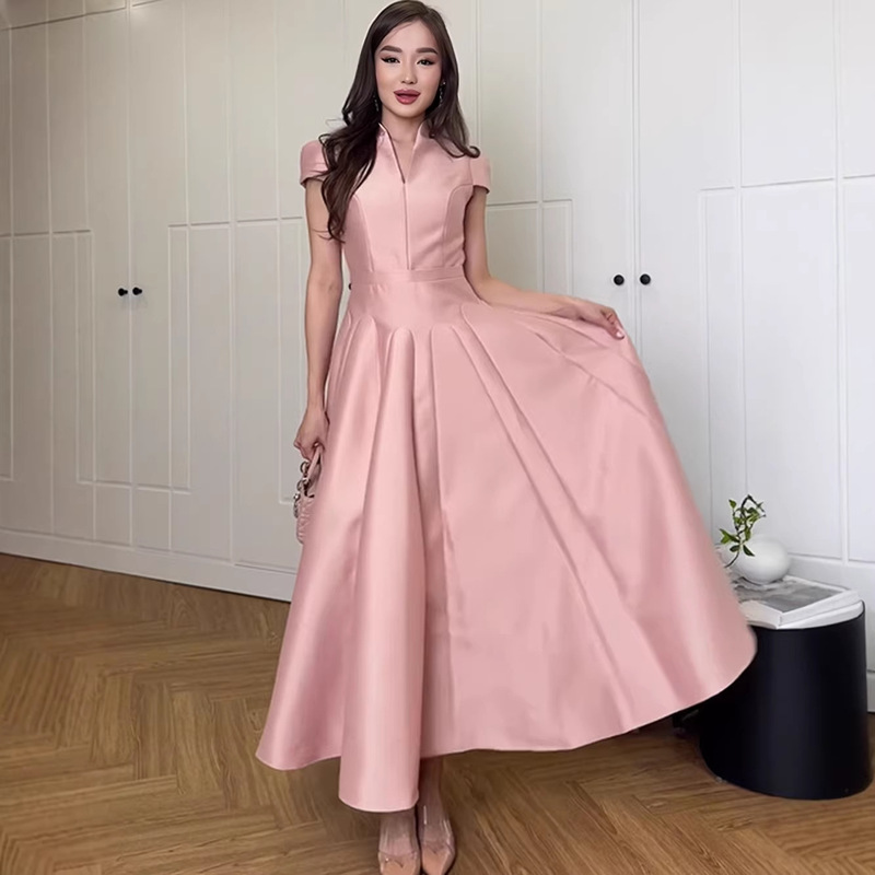 2026 New Spring Collection European and American Amazon New French Elegant Pink Short-Sleeve Long Dress