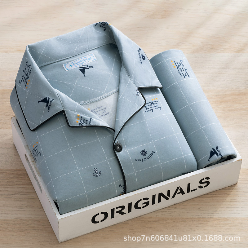 남자 잠옷 새 봄과 여름 긴 소매 바지 가디건 코튼 얇은 학생 한국 플러스 뚱뚱한 플러스 사이즈 봄 가을 집