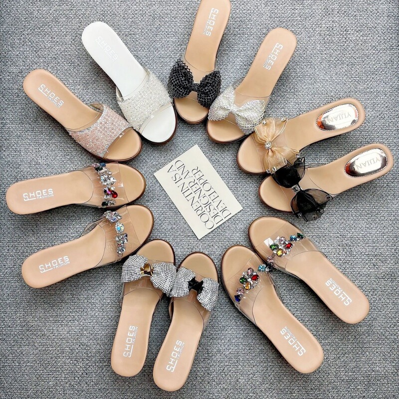 Wedge Slippers Women's Summer Outfit Internet-famous Rhinestone Transparent High Heels Bow Platform Thick-soled Fashionable Women's Shoes