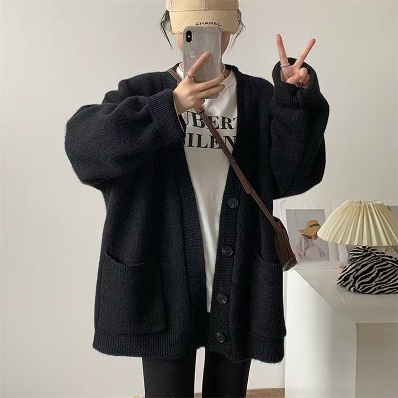 欧美跨境新款纯色宽松大码慵懒风V领毛衣外套加厚纯色简约针织衫|undefined