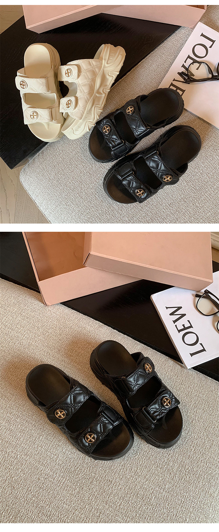 Sandal hở mũi nữ phong cách Xiaoxiang đế bánh xốp tăng chiều cao mùa hè 2025 — Màu đen, Màu trắng be chi tiết 12