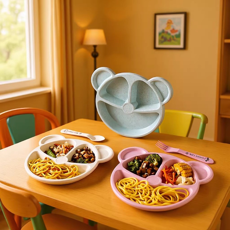 Wheat Straw Cartoon Children's Dielectric Plate for Eating Kindergarten Students Tableware Set 3 Pieces Factory Wholesale