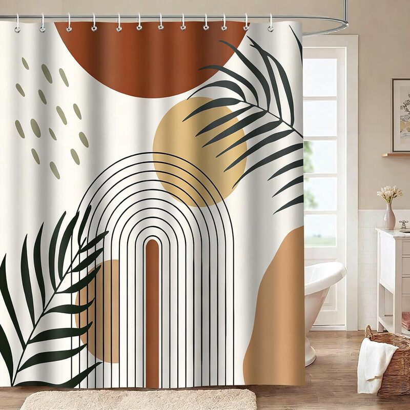 Bohemian Bathroom Shower Curtain, Orange Bohemian Medieval Leaf Pattern Polyester Waterproof Custom-Made
