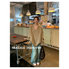 2646# NIUGUGU 毛衣秋季美式复古慵懒宽松刺绣V领套头针织衫上衣