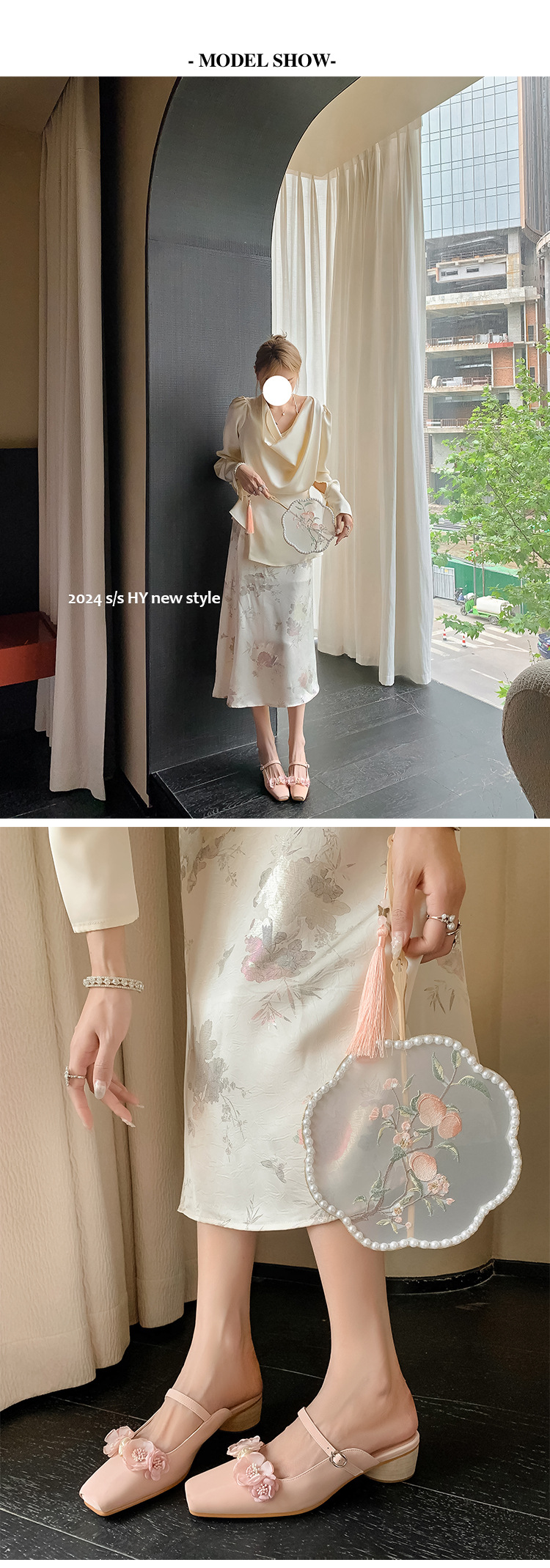 Dép Mule nữ phong cách Trung Hoa mới mũi hoa Mary Jane nửa kín — màu hồng chi tiết 6