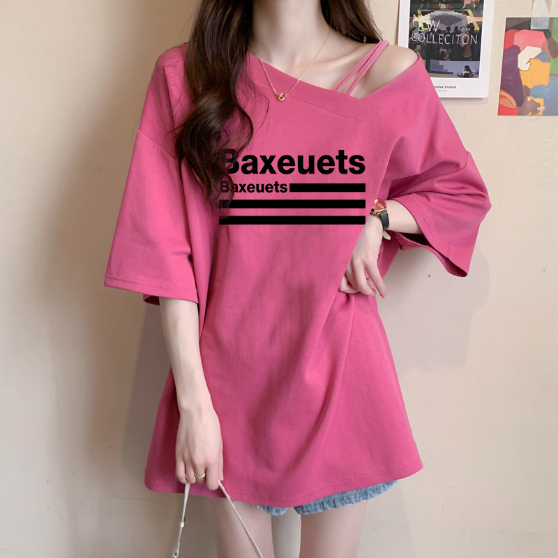 FA36996# 纯棉斜肩短袖T恤女夏季韩版宽松显瘦百搭时尚大码洋气半袖上衣ins 服裝批發女裝批發服飾貨源