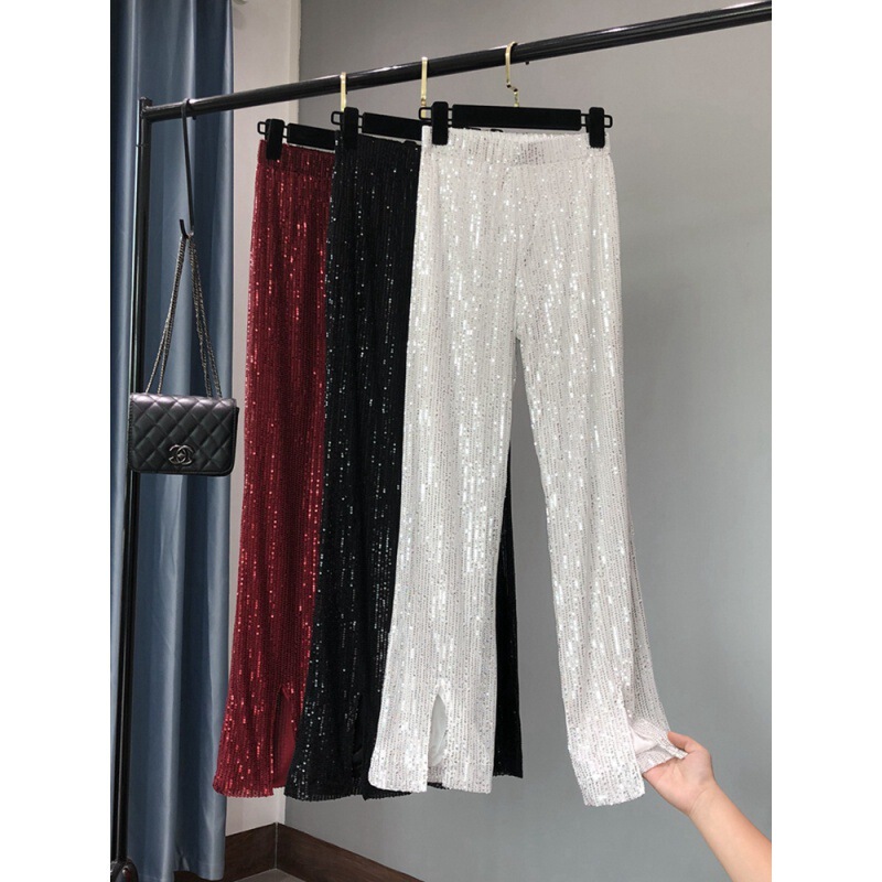 2022 Summer New Style Thin Sequins Slim-Fit Slimming Micro-Flared Pants Large Long Leg Sag High Waist Trousers for Women