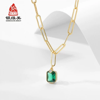 欧美夸张几何方形绿尖晶项链女ins冷淡气质潮流个性吊坠百搭饰品
