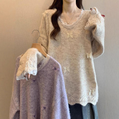 蕾丝花边蝴蝶设计感内搭毛衣紫色外套女春秋冬大码显瘦针织衫上衣
