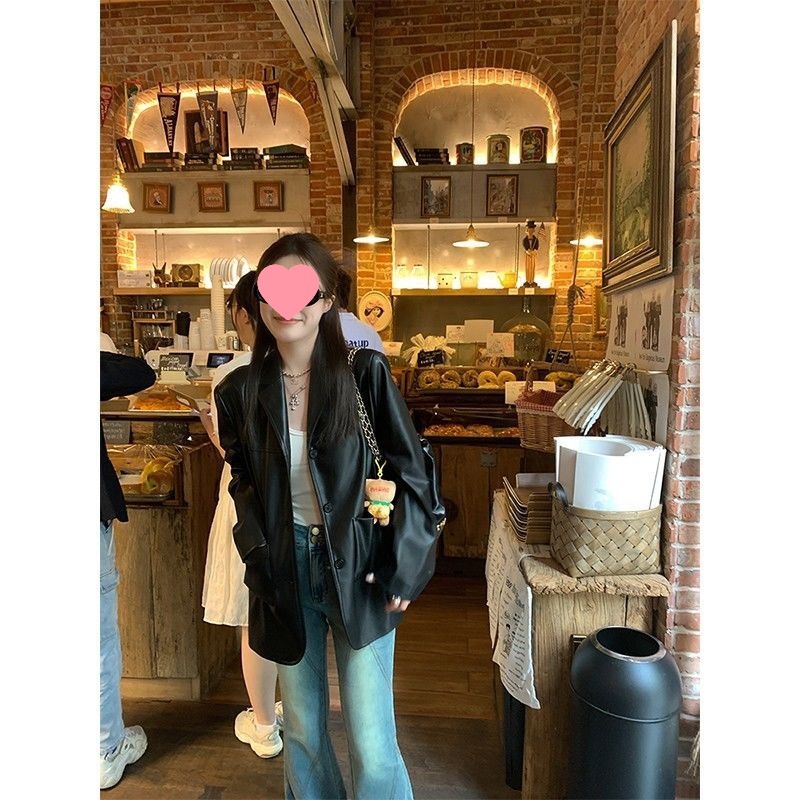 Black Retro Casual Leather Jacket for Women, Autumn Korean Style Design Suit, Motorcycle Jacket, High Street Fashion Small Suit