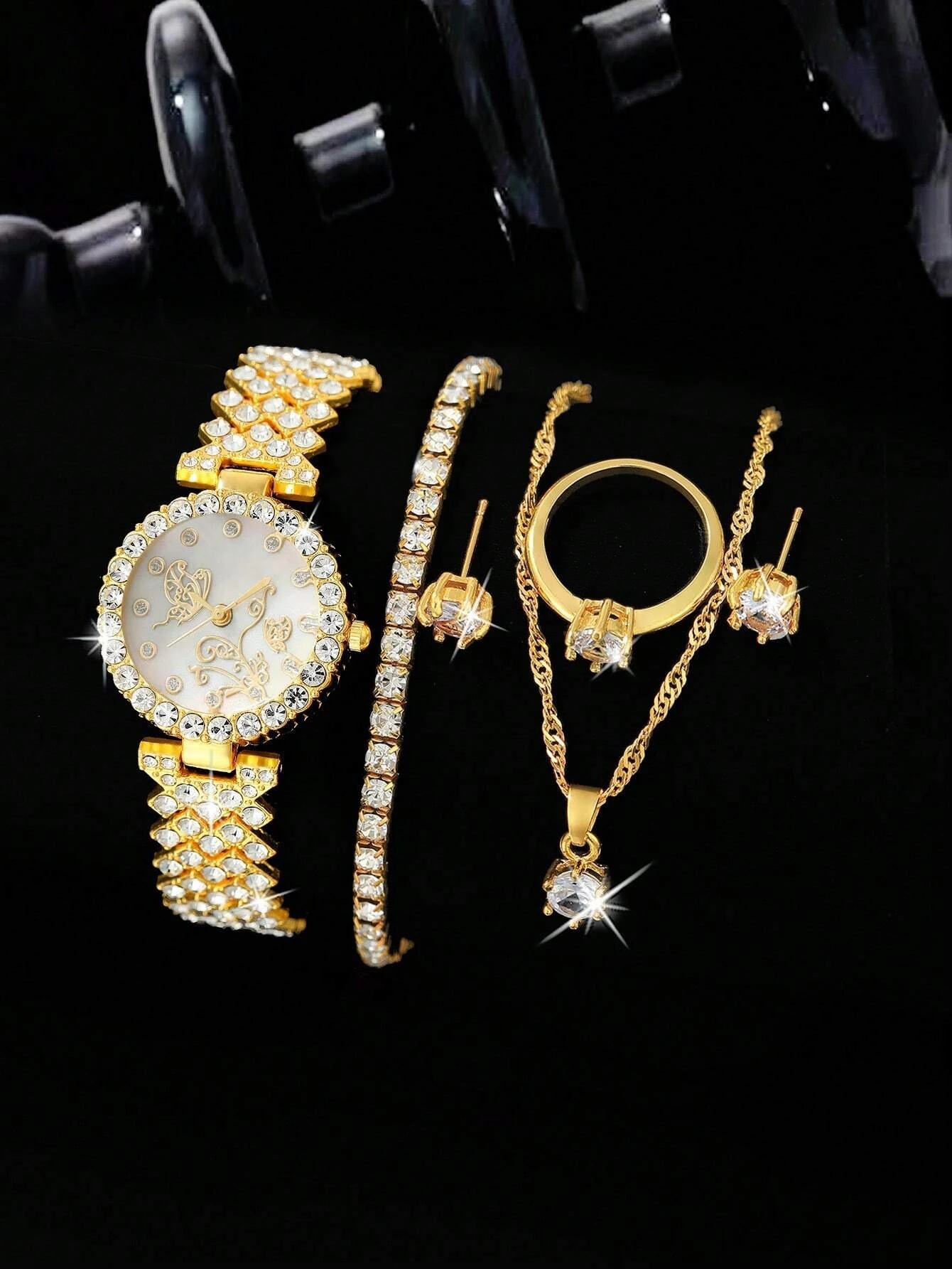 Watch set niche fashion all match steel watch earrings necklace bracelet ring watch set_voghion.com