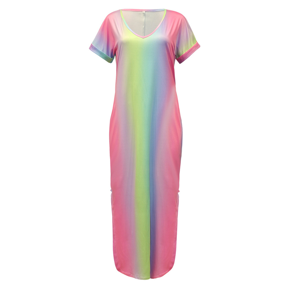 Summer Women Clothing Tie-Dye Printed V-neck Short Sleeve Loose Casual Dress Maxi Dress