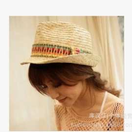 一件代发波西米亚风彩虹条边草帽 夏天女爵士帽沙滩帽 复古礼帽