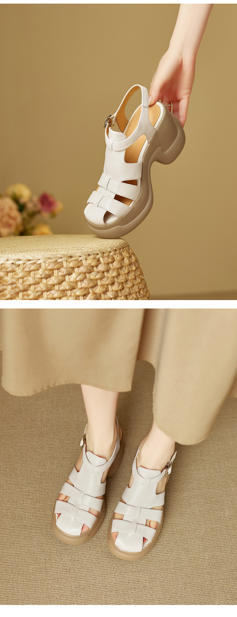 Sandal cao gót nữ mũi bao đế platform 9 cm quai chữ T kiểu La Mã — nâu sẫm chi tiết 9