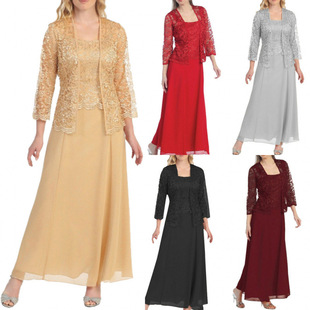 New foreign trade wish European and American fashion two-piece lace cardigan chiffon dress plus size suit