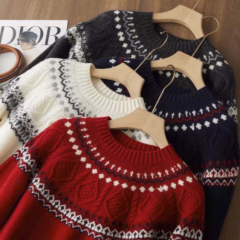 Scandinavian Retro Fair Isle Jacquard Festive Atmosphere Half Turtleneck All Wool Warm Casual Knitwear Knitwear for Women
