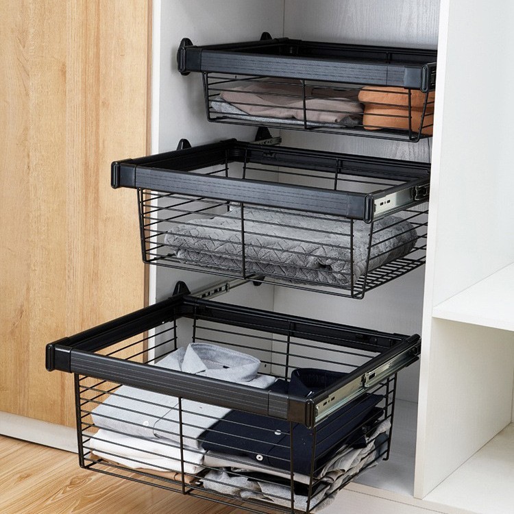 Cloakroom wardrobe pull-out basket without hanger pull-out retractable storage basket pants rack wardrobe drawer pull-out basket hardware accessories