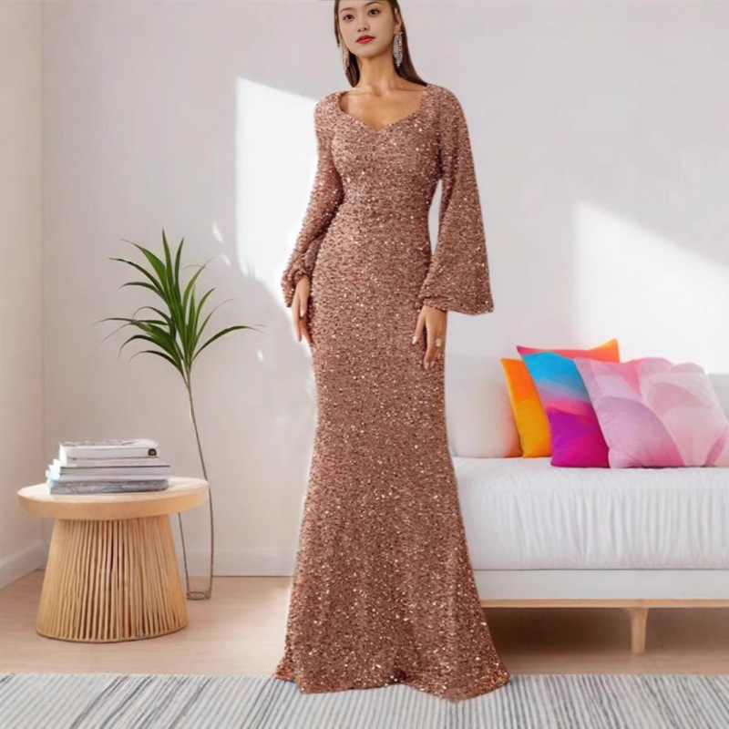 European and American Spring and Summer New Fashion V-Neck Sequined Bodycon Dress with Mid-Waist Flared Sleeves Long Evening Gown