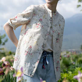 2025女夏纯棉轻薄浪漫文艺碎花衬衣通勤清雅麦穗印花衬衫