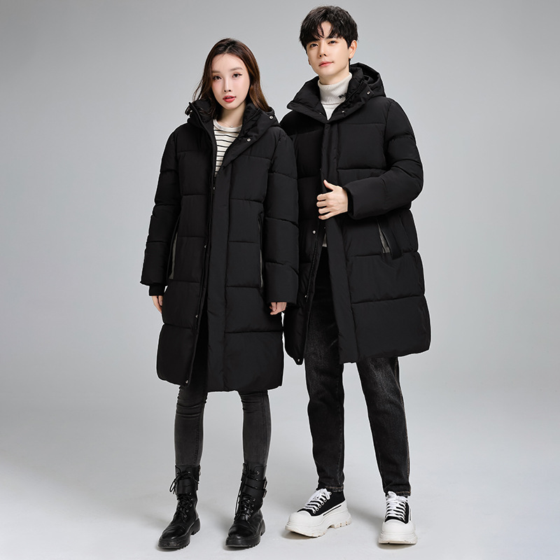 (2개) 남성과 여성을위한 커플의 야외 두꺼운 후드 다운 코튼 패딩 재킷 중간 길이의 느슨한 코튼 패딩 재킷