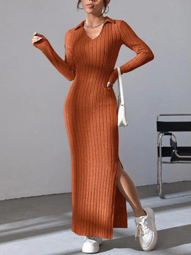 Cross-border elegant long dress, autumn new soft long-sleeved stand-up collar, bustier, slits, herringbone, Western and Eastern style