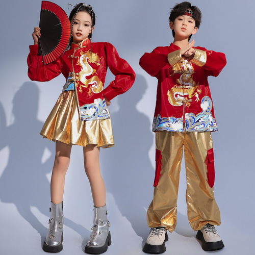 Children dragon pattern street outfits hiphop rapper singers jazz dance costumes for boys girls model show catwalk gogo dancers stage performance wear for kids