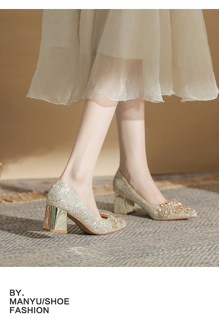 Giày cưới nữ mũi nhọn đính sequin gót dày Jin Gang CH60-50 — Màu sâm panh chi tiết 11