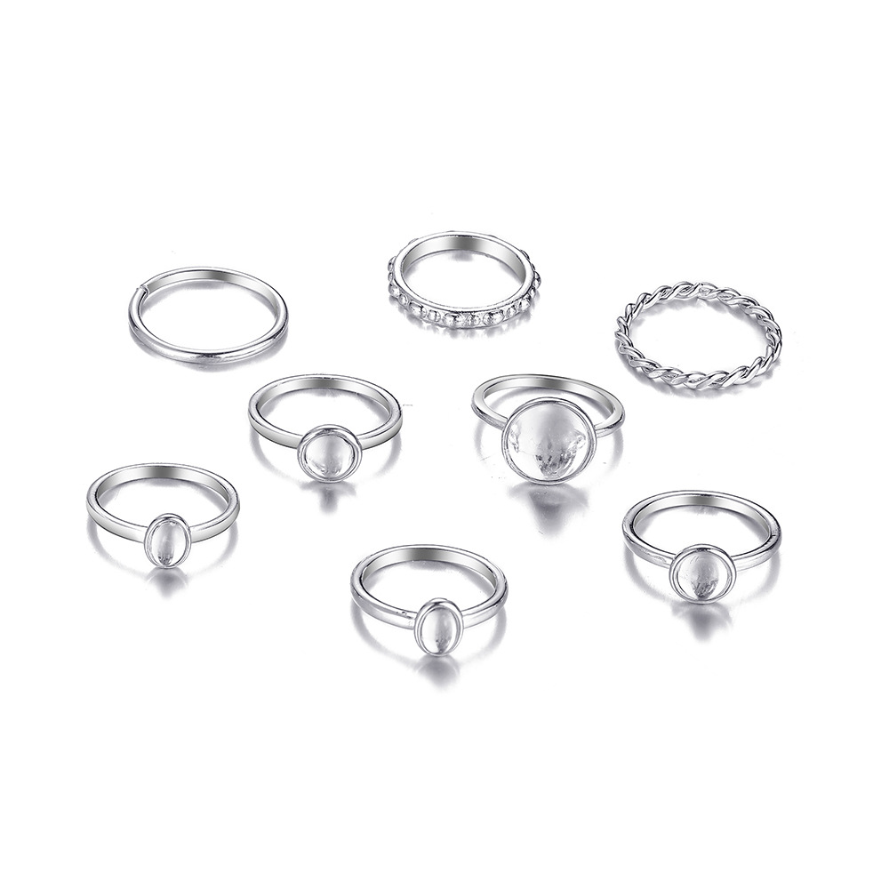 simple retro round gem ring fashion temperament goddess jewelry color contrast Ring Ring 8-piece set_voghion.com