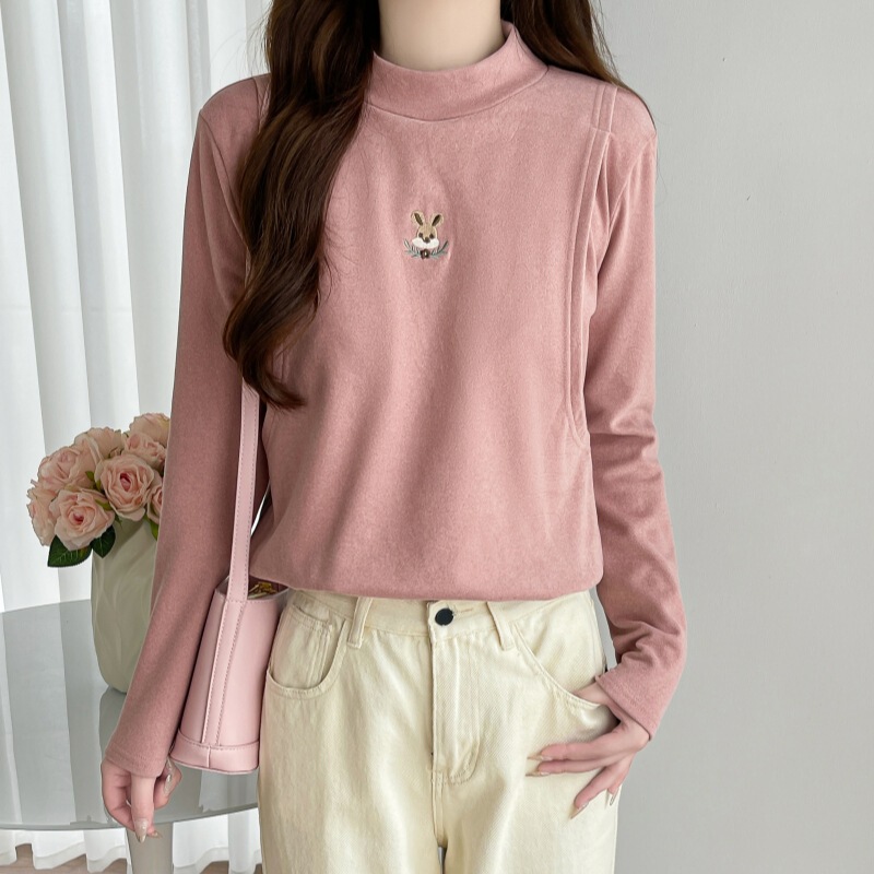 2404 Postpartum Nursing Top Autumn and Winter Base Shirt Semi-high Collar Velvet Autumn Clothes Chest Cartoon Embroidery for Nursing Period